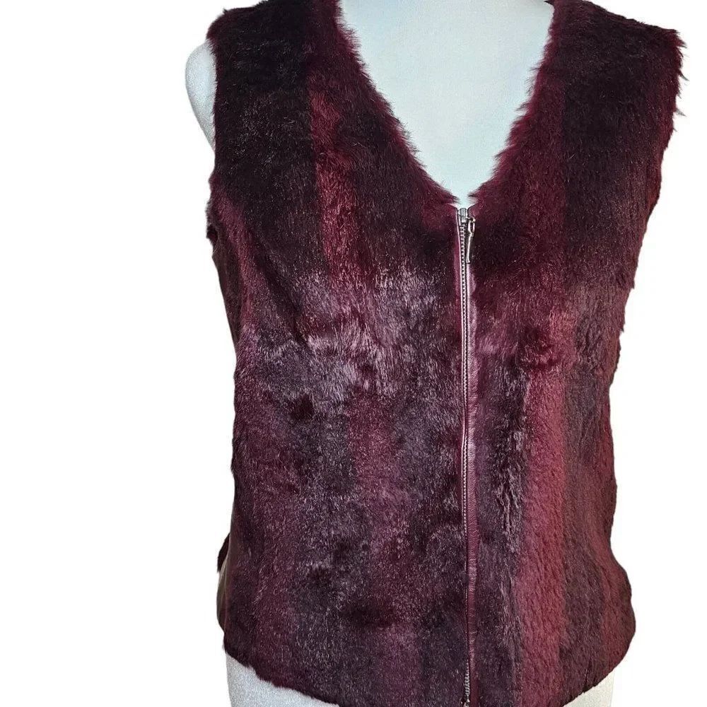 Vintage 90s Cache Fur Vest Womens Size M Burgundy Red Leather Dyed Rabbit Zip